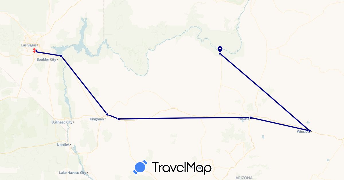 TravelMap itinerary: driving, bus, hiking, electric vehicle in United States (North America)
